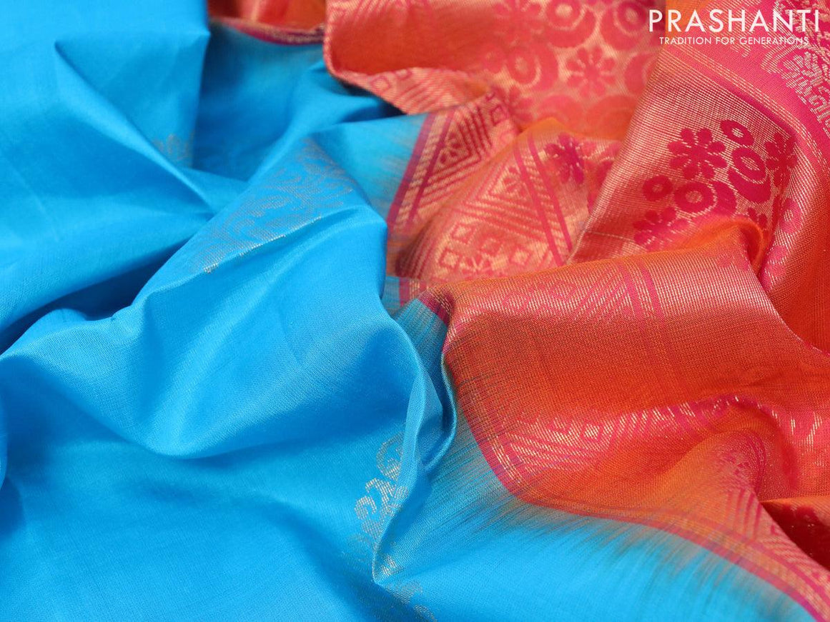 Pure soft silk saree light blue and dual shade of pinkish orange with silver & gold zari woven buttas in borderless style - {{ collection.title }} by Prashanti Sarees