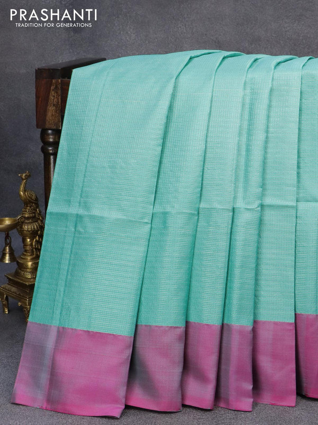 Pure soft silk saree light blue and pink with allover small zari checked pattern and simple border - {{ collection.title }} by Prashanti Sarees