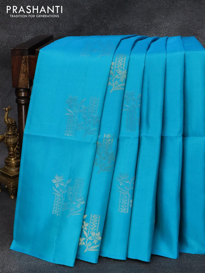 Pure soft silk saree light blue and sandal with silver & gold zari woven buttas in borderless style - {{ collection.title }} by Prashanti Sarees