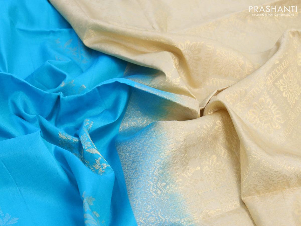 Pure soft silk saree light blue and sandal with silver & gold zari woven buttas in borderless style - {{ collection.title }} by Prashanti Sarees