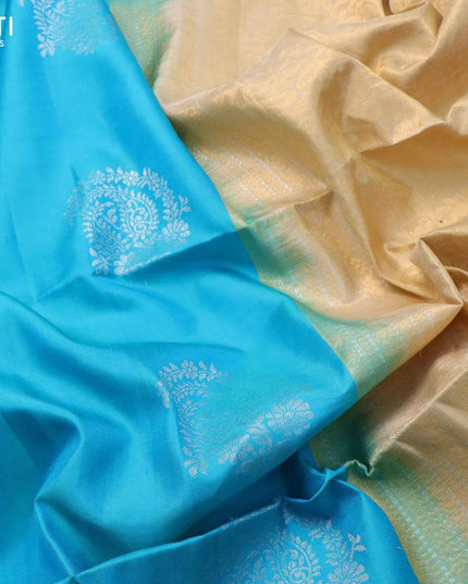 Pure soft silk saree light blue and sandal with zari woven buttas in borderless style - {{ collection.title }} by Prashanti Sarees