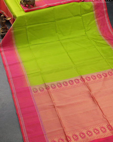 Pure soft silk saree light green and dual shade of pinkish orange with plain body and zari checked border - {{ collection.title }} by Prashanti Sarees