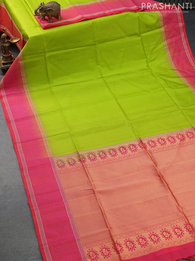 Pure soft silk saree light green and dual shade of pinkish orange with plain body and zari checked border - {{ collection.title }} by Prashanti Sarees