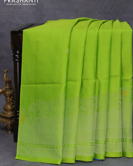 Pure soft silk saree light green and light blue with silver zari woven buttas and rich silver zari woven border - {{ collection.title }} by Prashanti Sarees