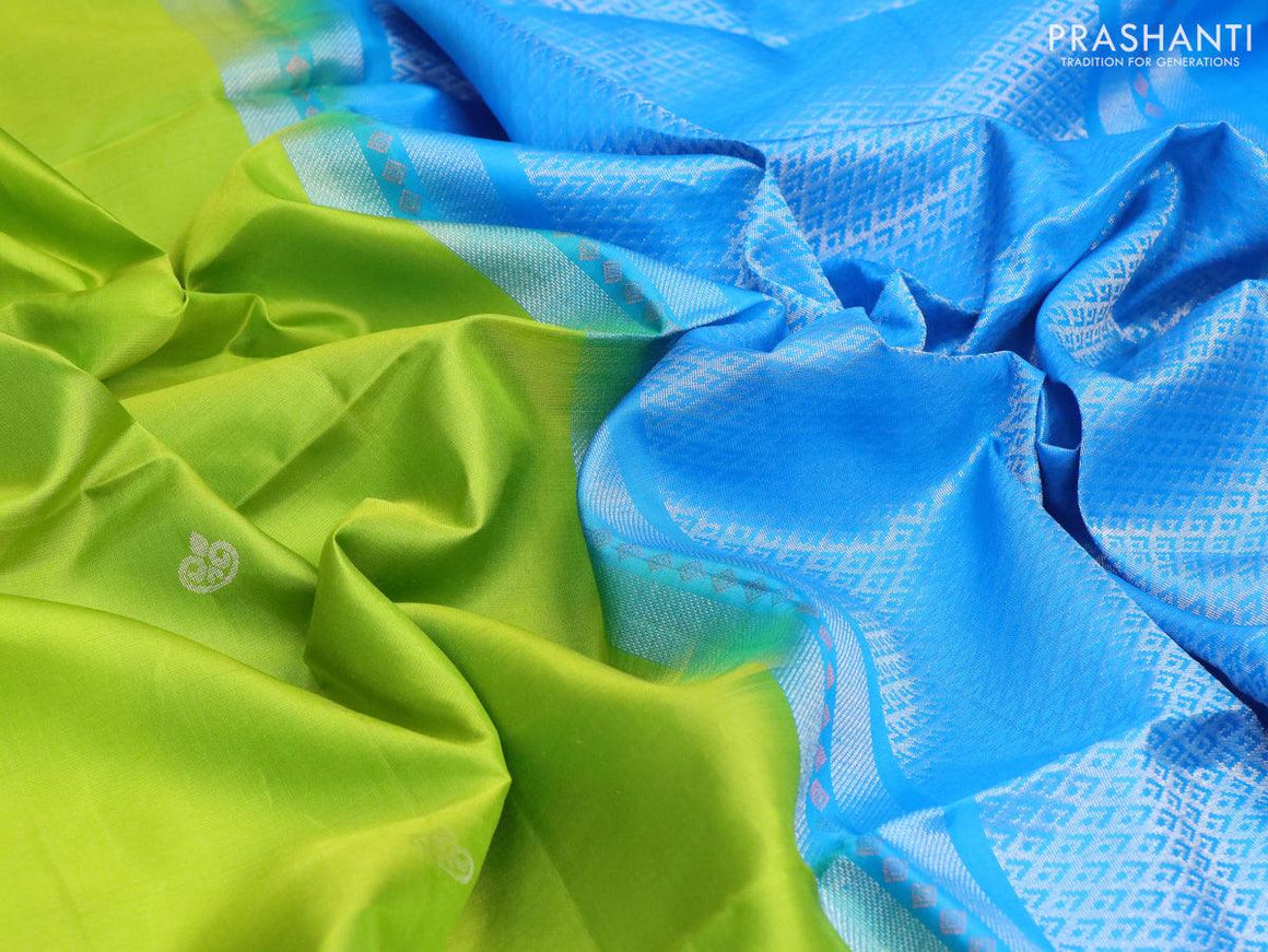 Pure soft silk saree light green and light blue with silver zari woven buttas and rich silver zari woven border - {{ collection.title }} by Prashanti Sarees