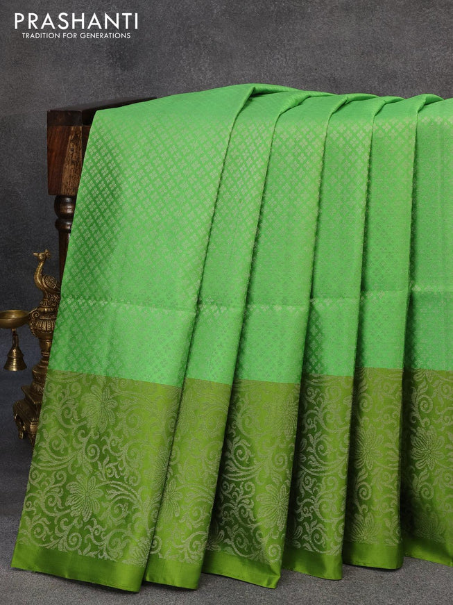 Pure soft silk saree light green and lime green with allover silver zari woven butta weaves and silver zari woven border - {{ collection.title }} by Prashanti Sarees
