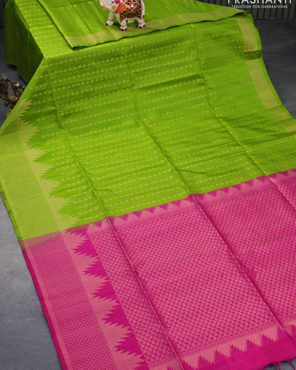 Pure soft silk saree light green and pink with allover zari woven tilak butta weaves and temple design zari woven border - {{ collection.title }} by Prashanti Sarees