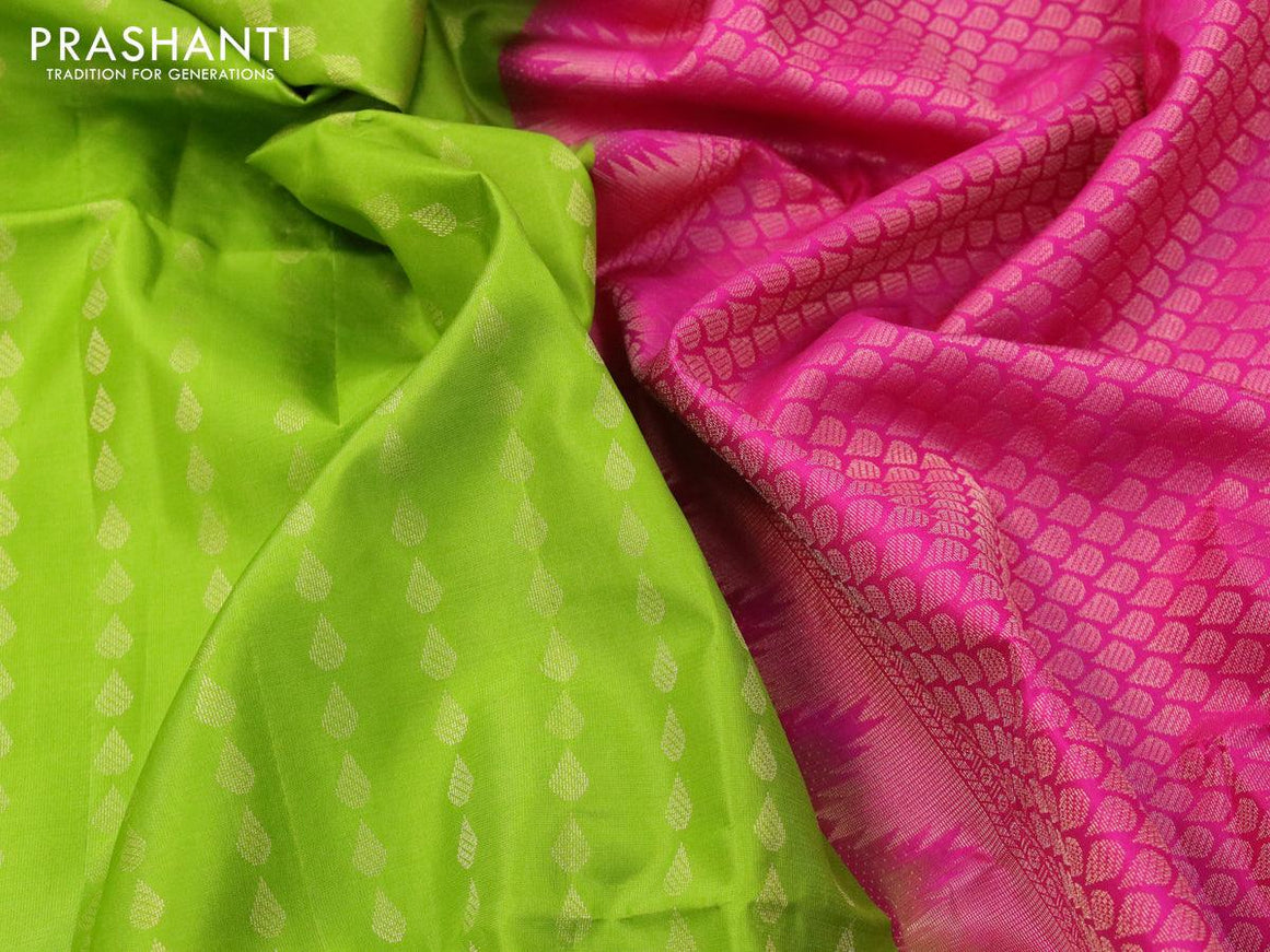 Pure soft silk saree light green and pink with allover zari woven tilak butta weaves and temple design zari woven border - {{ collection.title }} by Prashanti Sarees