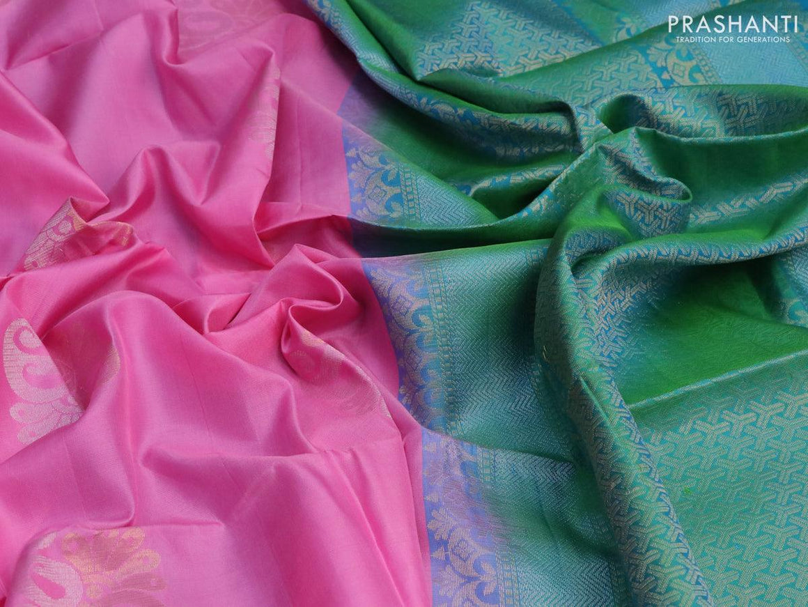 Pure soft silk saree light pink and dual shade of teal blue with silver & gold zari woven buttas in borderless style - {{ collection.title }} by Prashanti Sarees