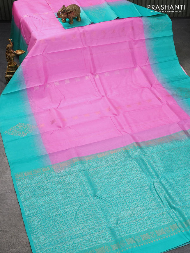 Pure soft silk saree light pink and teal blue shade with copper zari woven buttas and silver zari woven butta border - {{ collection.title }} by Prashanti Sarees