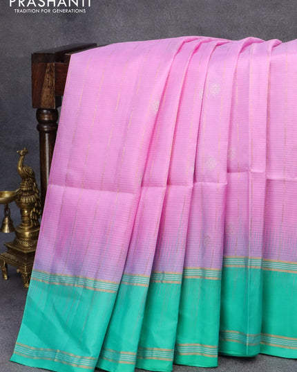 Pure soft silk saree light pink and teal blue with allover silver & gold zari weaves and rettapet zari woven border - {{ collection.title }} by Prashanti Sarees