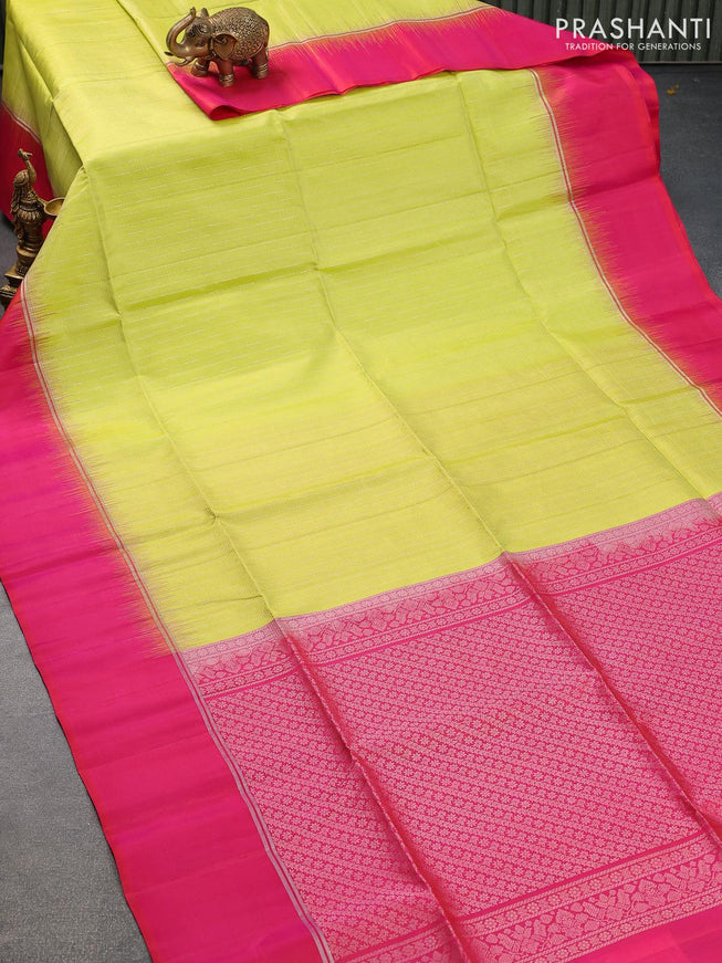 Pure soft silk saree lime green and dual shade of pink with allover zari weaves and zari woven simple border - {{ collection.title }} by Prashanti Sarees