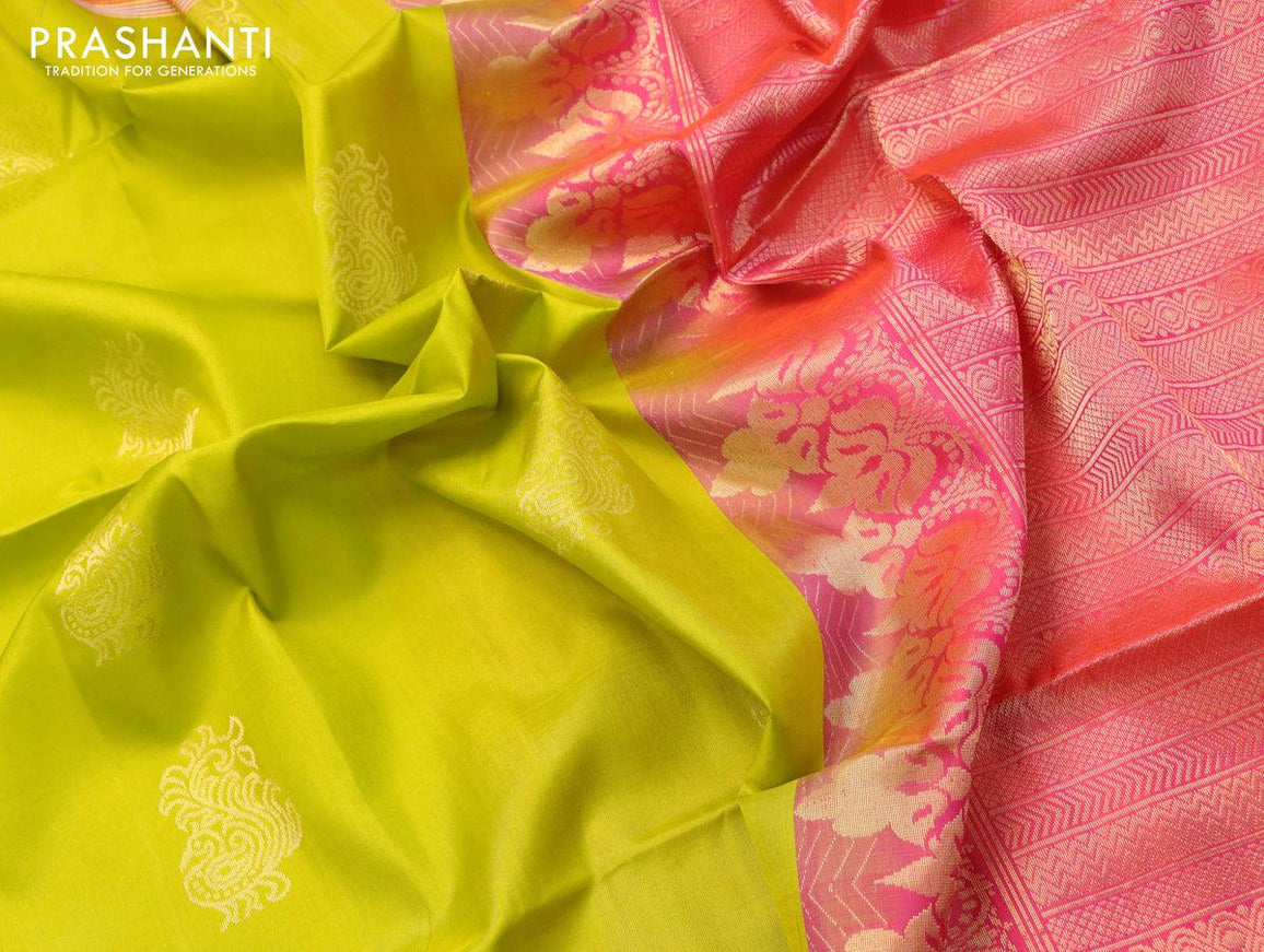 Pure soft silk saree lime green and dual shade of pinkish orange with annam zari woven buttas and zari woven simple border - {{ collection.title }} by Prashanti Sarees