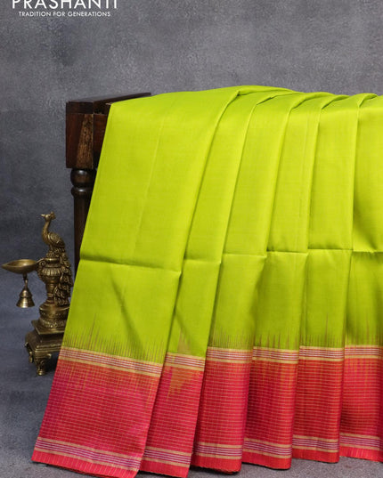 Pure soft silk saree lime green and dual shade of pinkish orange with plain body and zari woven checked border - {{ collection.title }} by Prashanti Sarees