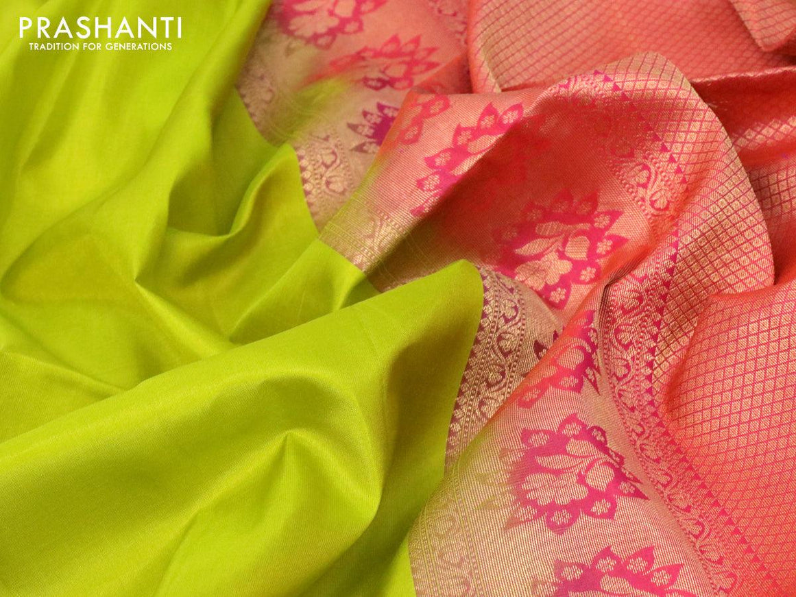 Pure soft silk saree lime green and dual shade of pinkish orange with plain body and zari woven checked border - {{ collection.title }} by Prashanti Sarees