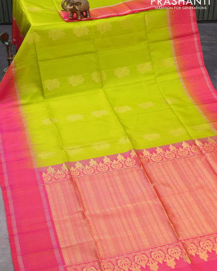 Pure soft silk saree lime green and dual shade of pinkish orange with zari woven buttas and zari woven simple border - {{ collection.title }} by Prashanti Sarees