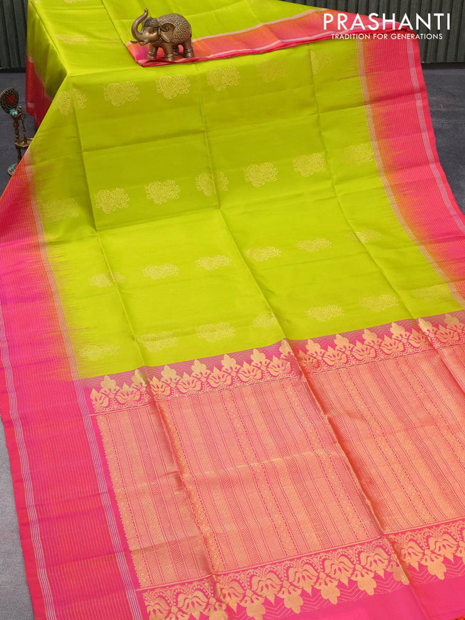 Pure soft silk saree lime green and dual shade of pinkish orange with zari woven buttas and zari woven simple border - {{ collection.title }} by Prashanti Sarees