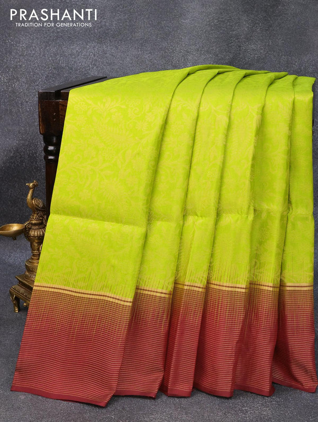 Pure soft silk saree lime green and maroon with allover zari woven brocade weaves and zari woven simple border - {{ collection.title }} by Prashanti Sarees