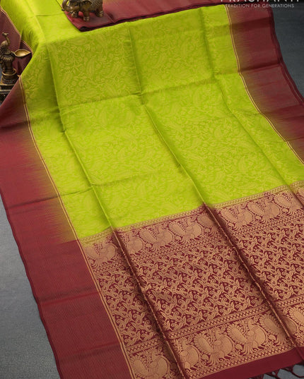 Pure soft silk saree lime green and maroon with allover zari woven brocade weaves and zari woven simple border - {{ collection.title }} by Prashanti Sarees