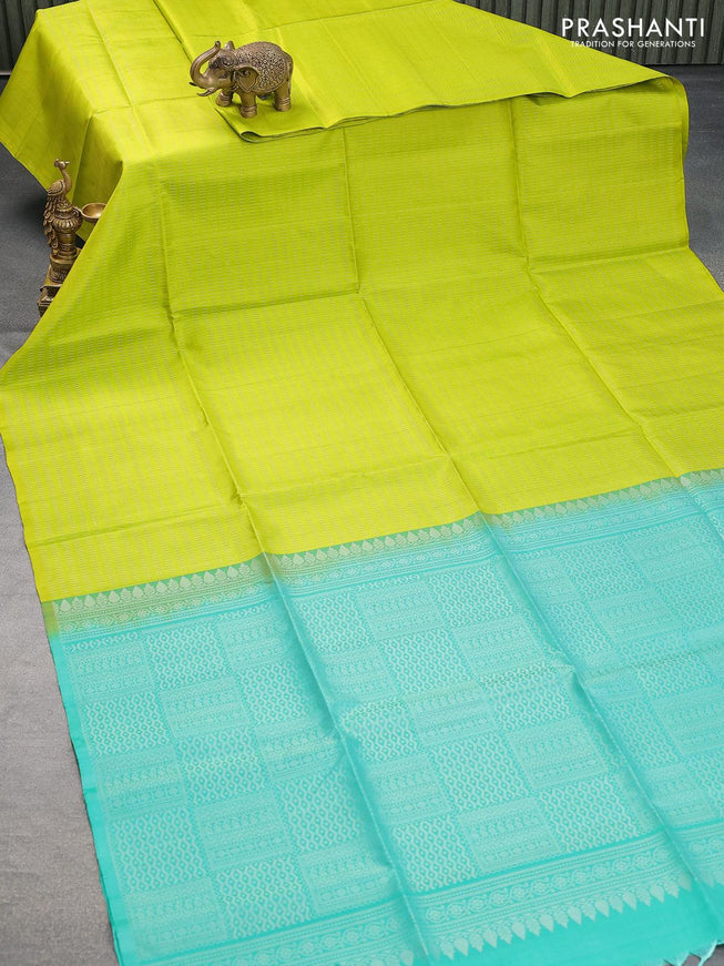 Pure soft silk saree lime green and teal green with allover silver zari weaves in borderless style - {{ collection.title }} by Prashanti Sarees