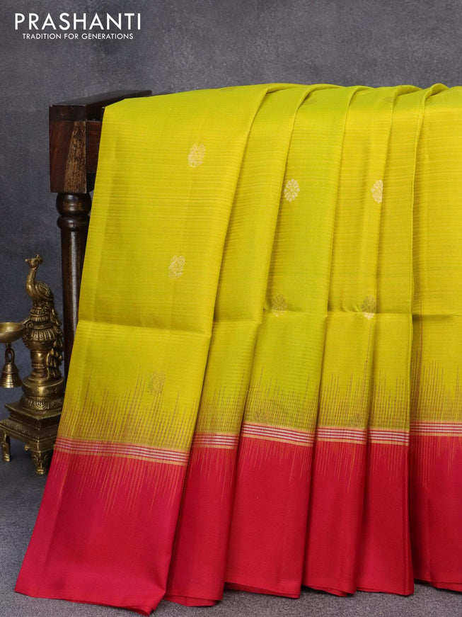 Pure soft silk saree lime yellow and pink with zari woven buttas and zari woven simple border - {{ collection.title }} by Prashanti Sarees