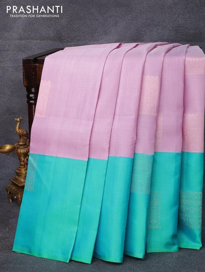 Pure soft silk saree lotus pink and dual shade of teal blue with allover zari weaves and zari woven box type butta border - {{ collection.title }} by Prashanti Sarees