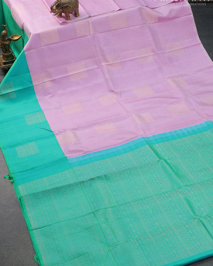 Pure soft silk saree lotus pink and dual shade of teal blue with allover zari weaves and zari woven box type butta border - {{ collection.title }} by Prashanti Sarees