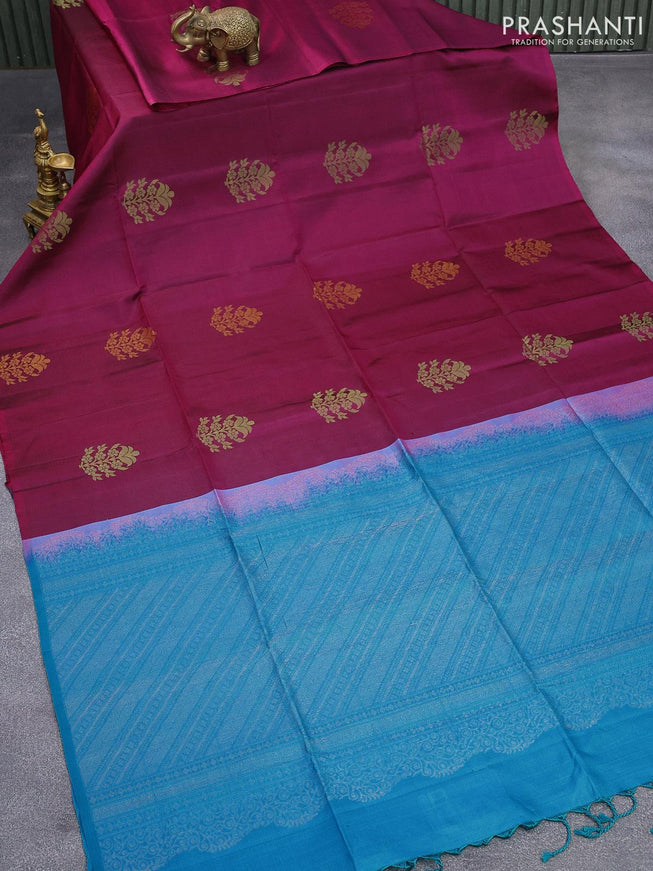 Pure soft silk saree magenta pink and teal blue with thread woven buttas in borderless style - {{ collection.title }} by Prashanti Sarees