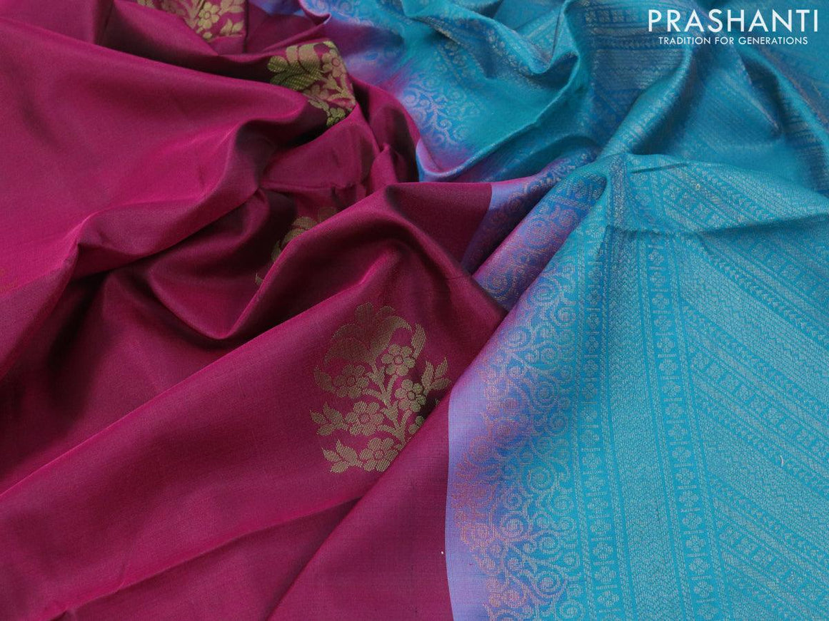Pure soft silk saree magenta pink and teal blue with thread woven buttas in borderless style - {{ collection.title }} by Prashanti Sarees