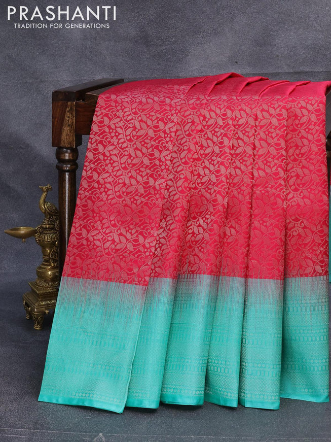 Pure soft silk saree magenta pink and teal green with allover silver zari woven brocade weaves and silver zari woven border - {{ collection.title }} by Prashanti Sarees