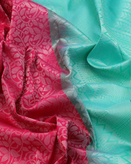 Pure soft silk saree magenta pink and teal green with allover silver zari woven brocade weaves and silver zari woven border - {{ collection.title }} by Prashanti Sarees