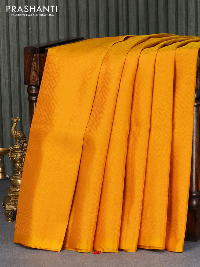 Pure soft silk saree mango yellow and dual shade of pinkish orange with allover copper zari woven geometric weaves in borderless style - {{ collection.title }} by Prashanti Sarees