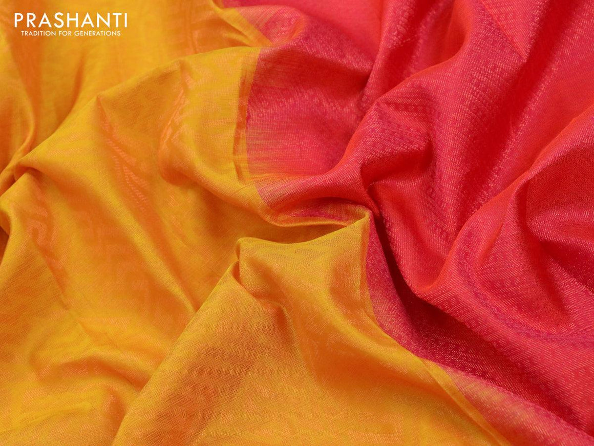 Pure soft silk saree mango yellow and dual shade of pinkish orange with allover copper zari woven geometric weaves in borderless style - {{ collection.title }} by Prashanti Sarees