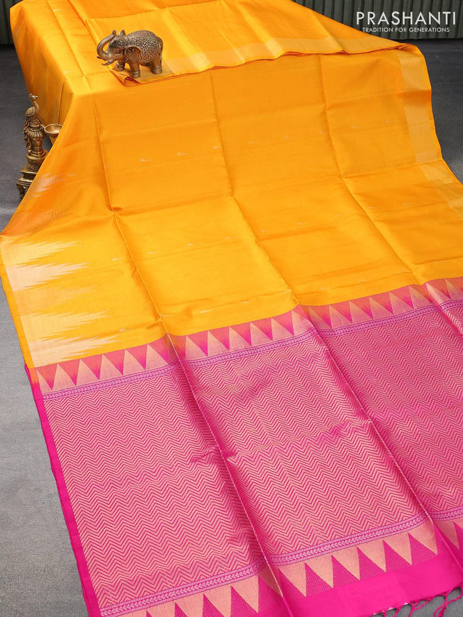 Pure soft silk saree mango yellow and pink with zari woven buttas and temple design zari woven border - {{ collection.title }} by Prashanti Sarees