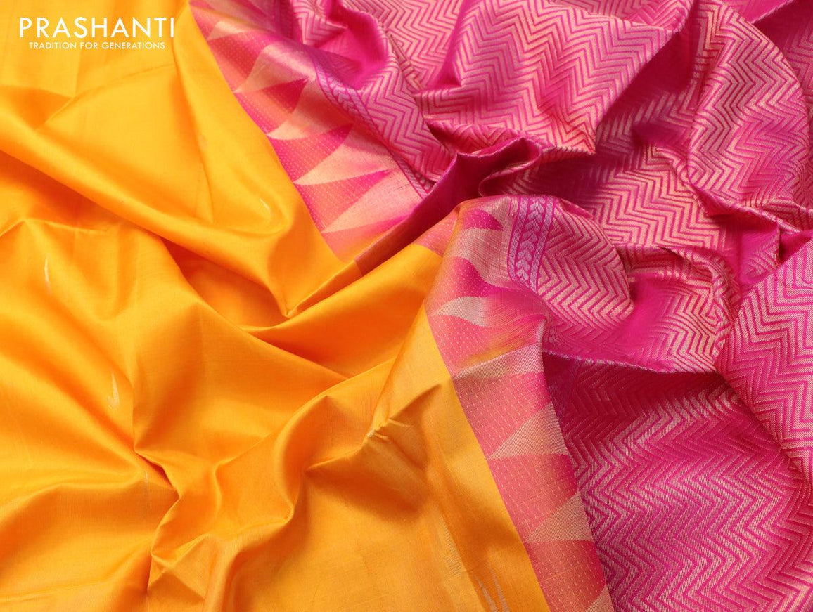 Pure soft silk saree mango yellow and pink with zari woven buttas and temple design zari woven border - {{ collection.title }} by Prashanti Sarees