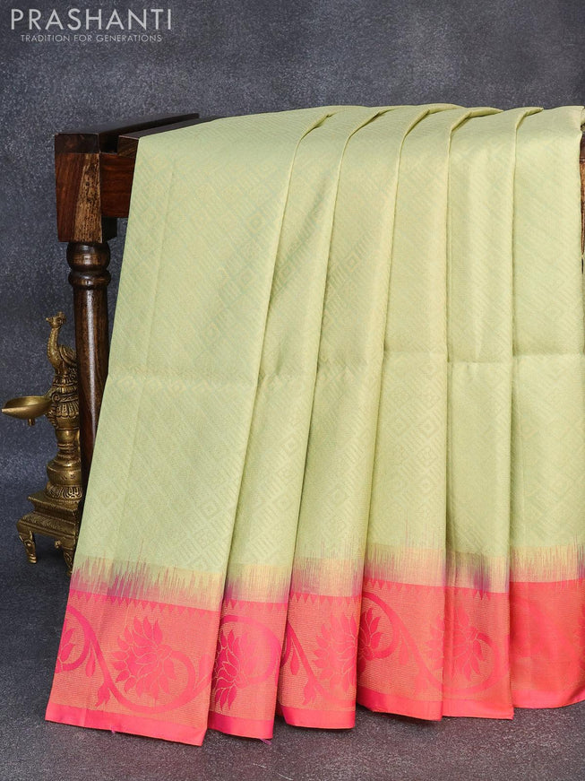 Pure soft silk saree mild pista green and dual shade of pink with allover zari woven brocade weaves and zari woven border - {{ collection.title }} by Prashanti Sarees