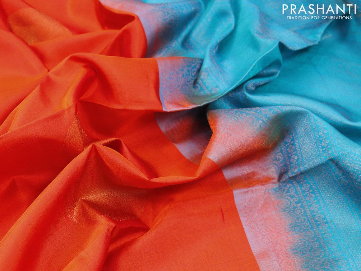 Pure soft silk saree orange and light blue with thread woven buttas in borderless style - {{ collection.title }} by Prashanti Sarees