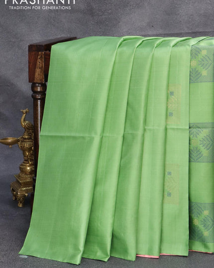 Pure soft silk saree pastel green and peach orange with thread woven box type buttas in borderless style - {{ collection.title }} by Prashanti Sarees