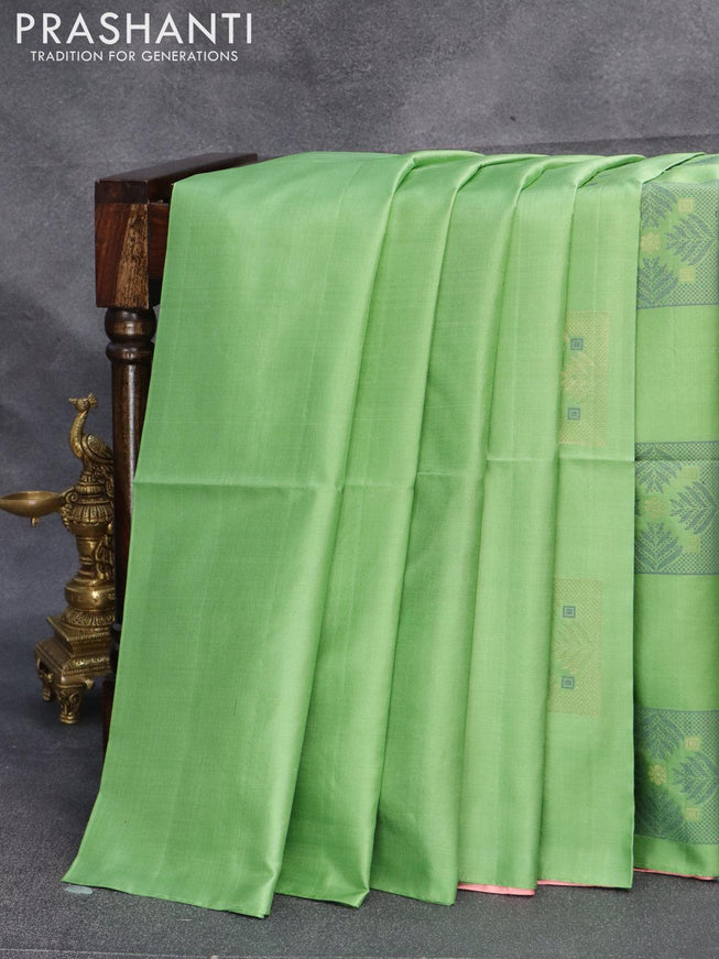Pure soft silk saree pastel green and peach orange with thread woven box type buttas in borderless style - {{ collection.title }} by Prashanti Sarees