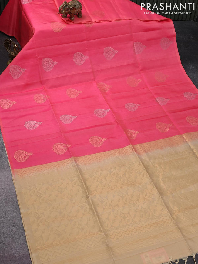 Pure soft silk saree peach pink and sandal with silver & gold zari woven buttas in borderless style - {{ collection.title }} by Prashanti Sarees