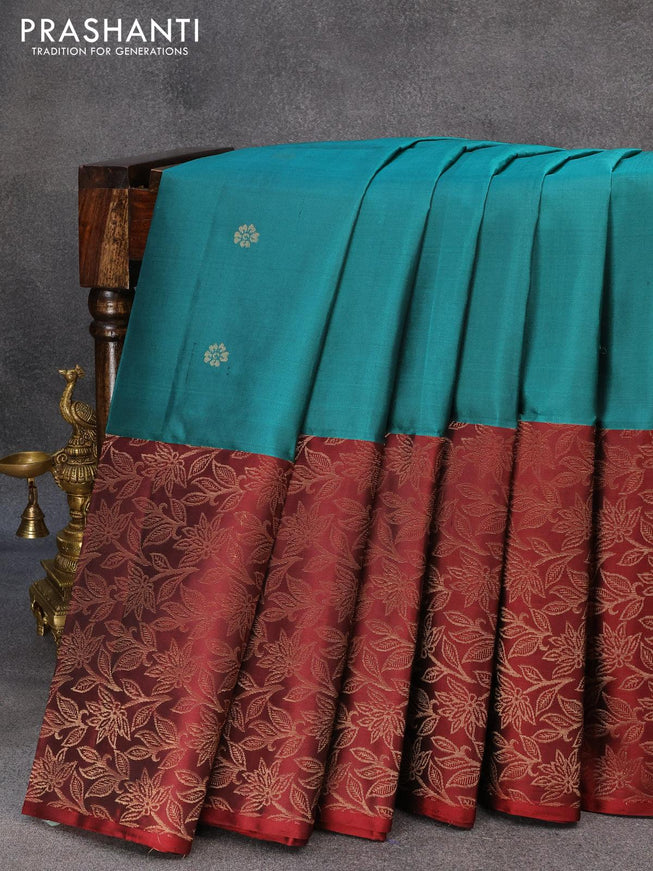 Pure soft silk saree peacock green and deep maroon with zari woven floral buttas and rich zari woven border - {{ collection.title }} by Prashanti Sarees