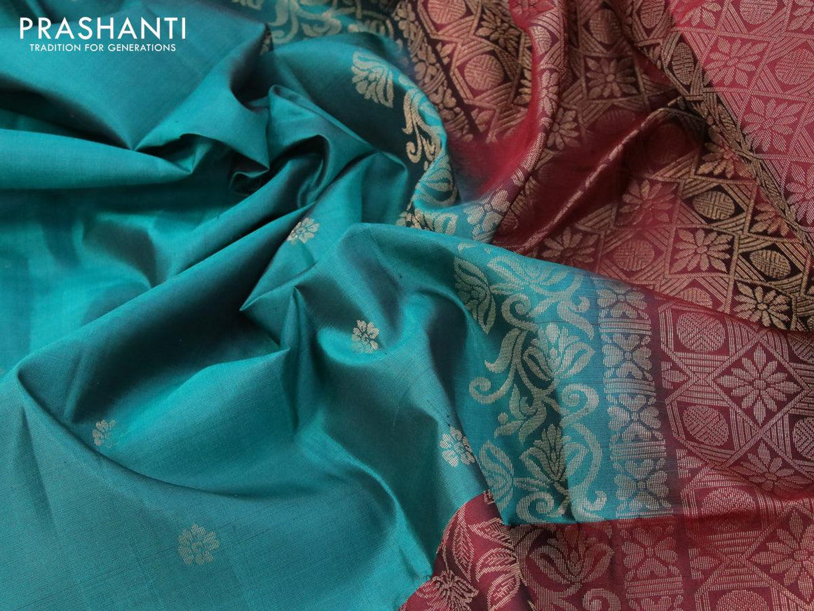 Pure soft silk saree peacock green and deep maroon with zari woven floral buttas and rich zari woven border - {{ collection.title }} by Prashanti Sarees