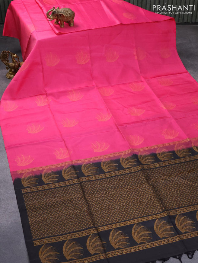 Pure soft silk saree pink and black with thread woven buttas in borderless style - {{ collection.title }} by Prashanti Sarees