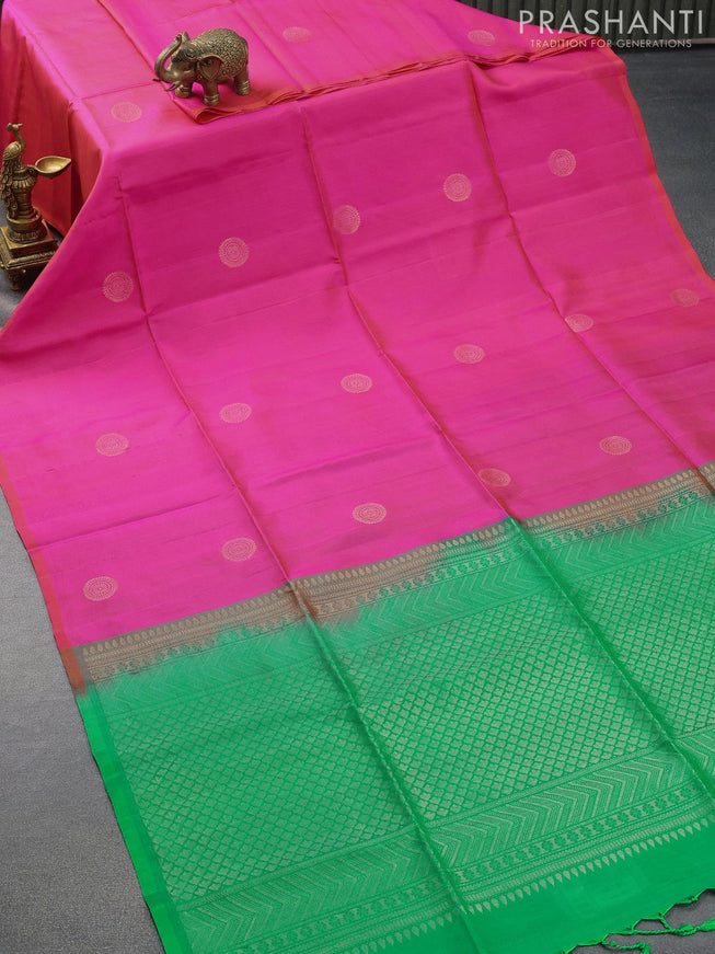 Pure soft silk saree pink and dual shade of green with zari woven buttas in borderless style - {{ collection.title }} by Prashanti Sarees
