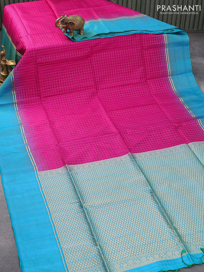 Pure soft silk saree pink and dual shade of teal blue with allover zari checked pattern and zari woven simple border - {{ collection.title }} by Prashanti Sarees