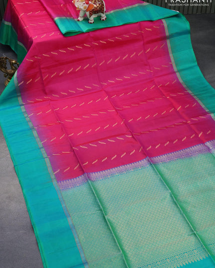 Pure soft silk saree pink and dual shade of teal bluish green with silver & gold zari woven buttas and zari woven simple border - {{ collection.title }} by Prashanti Sarees