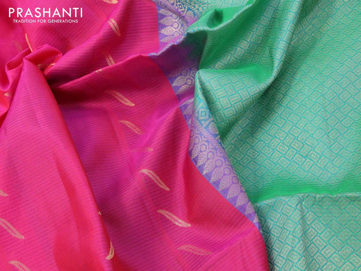Pure soft silk saree pink and dual shade of teal bluish green with silver & gold zari woven buttas and zari woven simple border - {{ collection.title }} by Prashanti Sarees