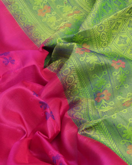 Pure soft silk saree pink and fluorescent green with thread woven floral buttas in borderless style - {{ collection.title }} by Prashanti Sarees