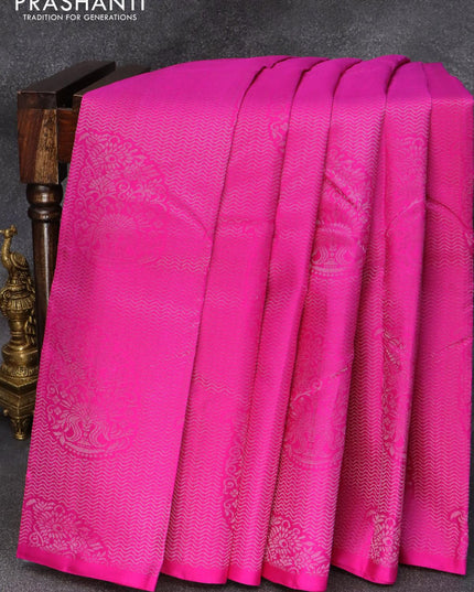 Pure soft silk saree pink and grey with allover silver zari woven brocade weaves in borderless style - {{ collection.title }} by Prashanti Sarees