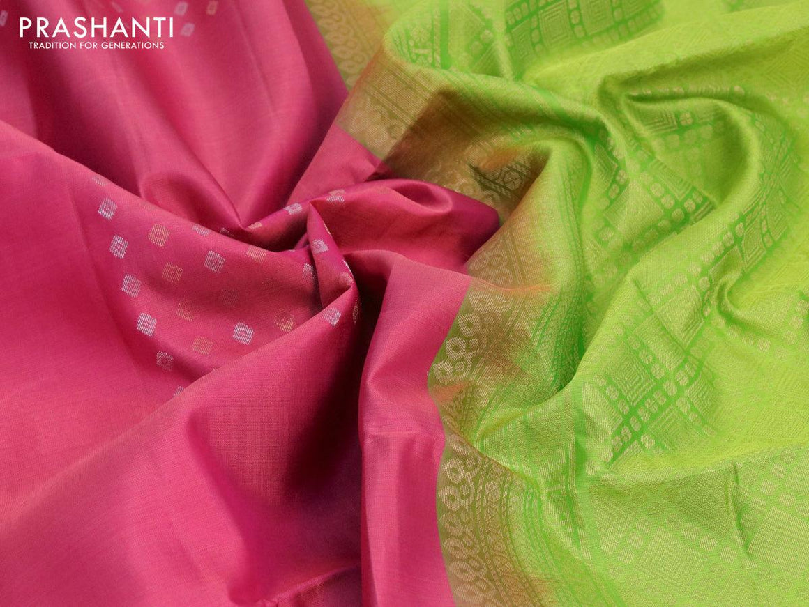 Pure soft silk saree pink and light green with silver & gold zari woven box type buttas in borderless style - {{ collection.title }} by Prashanti Sarees